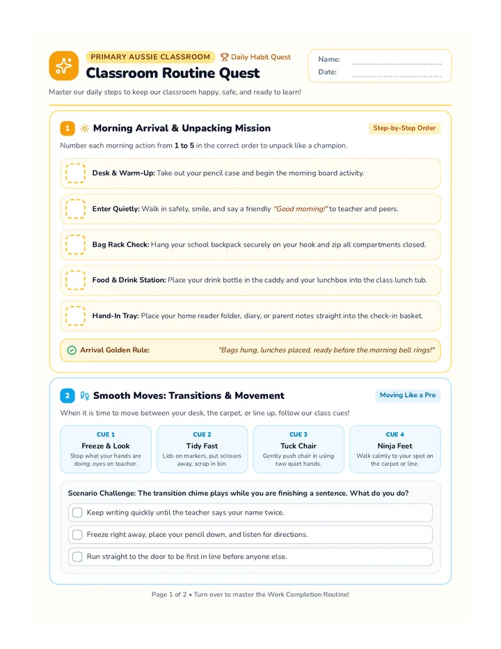 Classroom Routine Quest Worksheet
