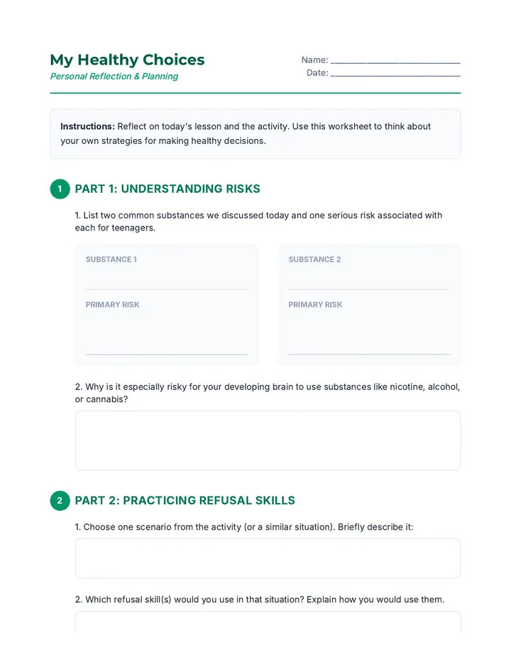 My Healthy Choices Worksheet