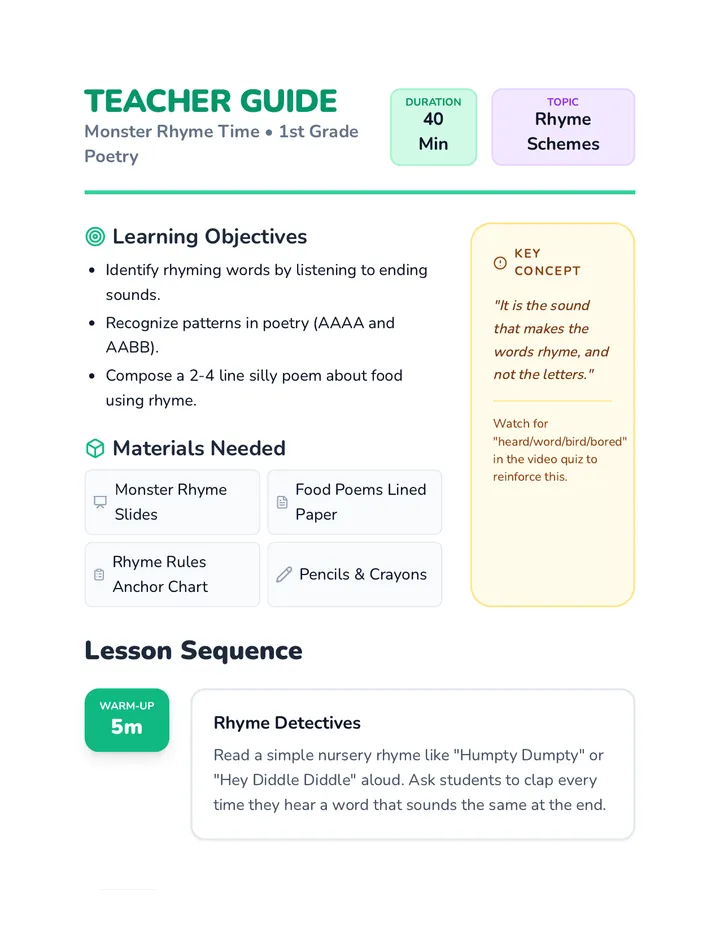 Monster Rhyme Teacher Guide