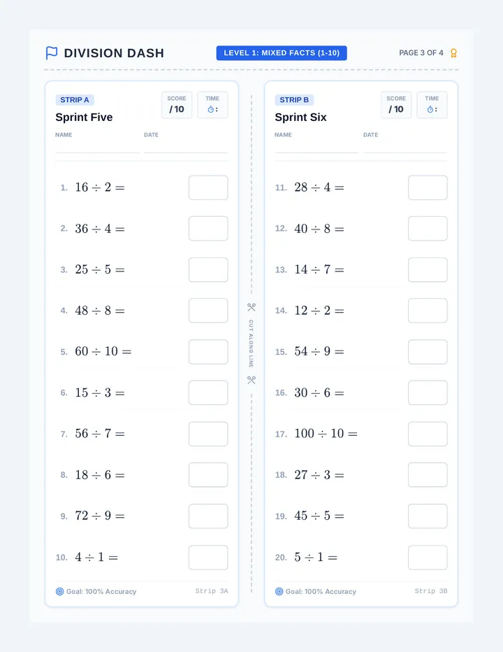 Division Dash Strip 3 Worksheet