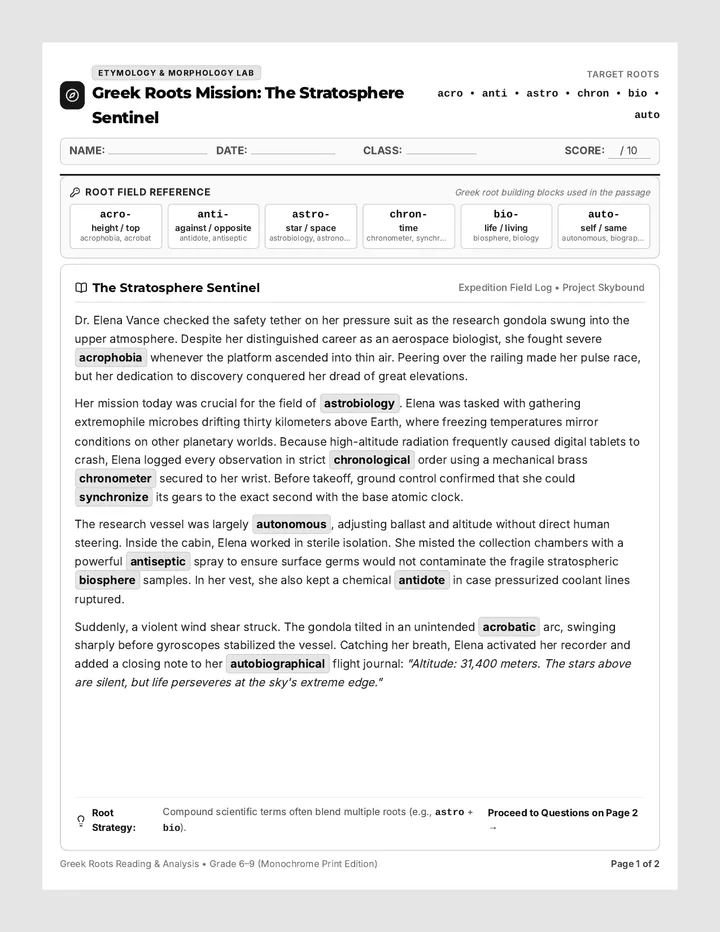 Greek Roots Reading Worksheet