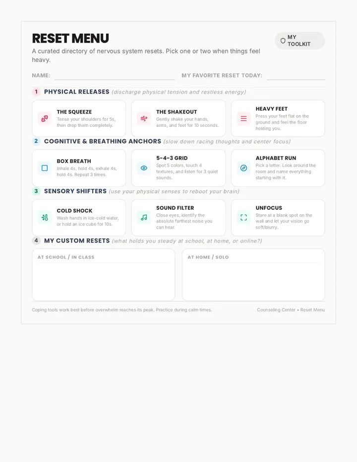 Reset Menu Handout