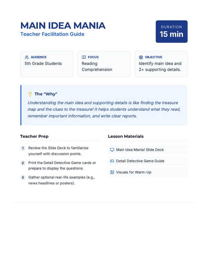 Main Idea Mania Lesson Plan