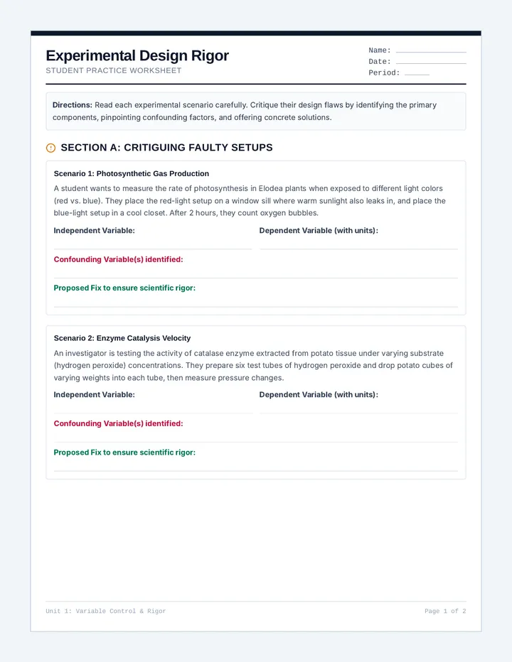 Variables and Control Rigor Practice Worksheet
