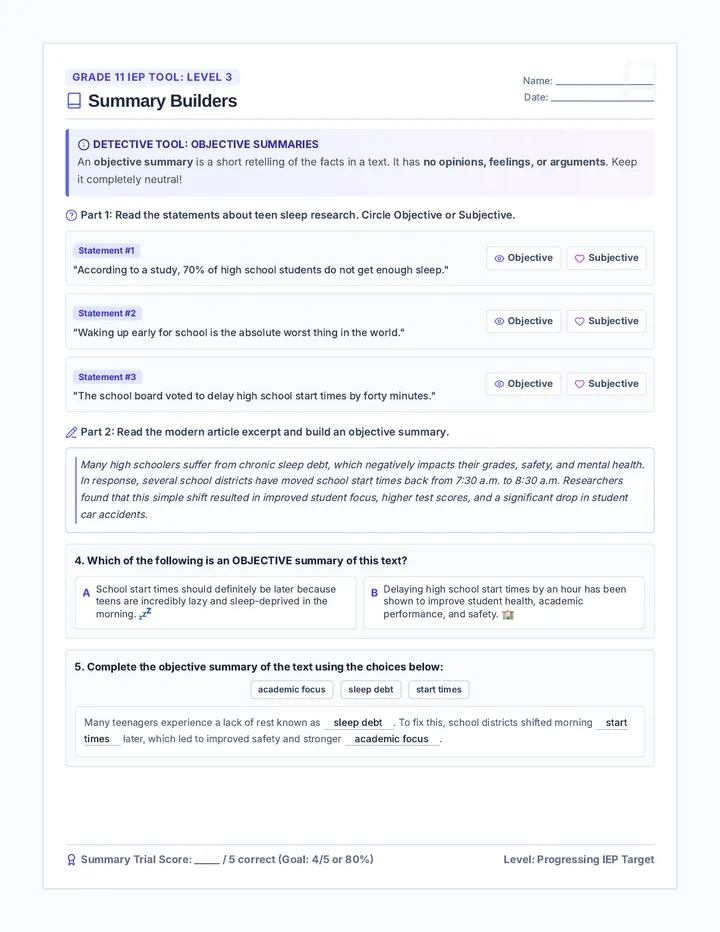 Summary Builders Worksheet