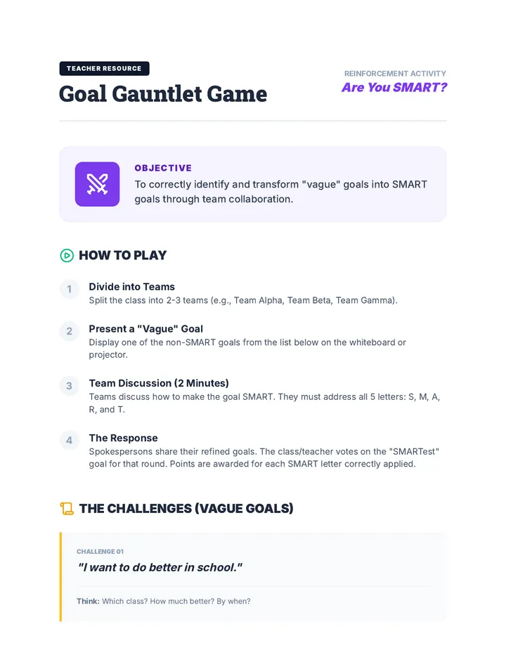 Goal Gauntlet Game Instructions
