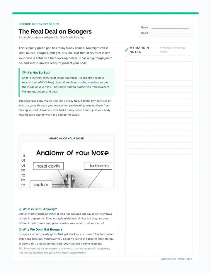 Booger Biology Worksheet