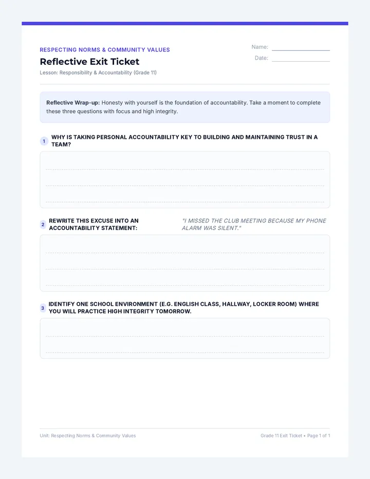 Responsibility and Accountability Exit Ticket