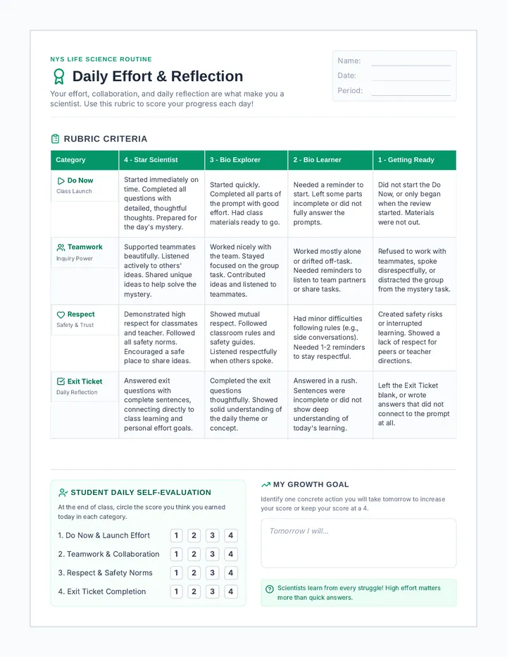 Daily Effort Rubric English