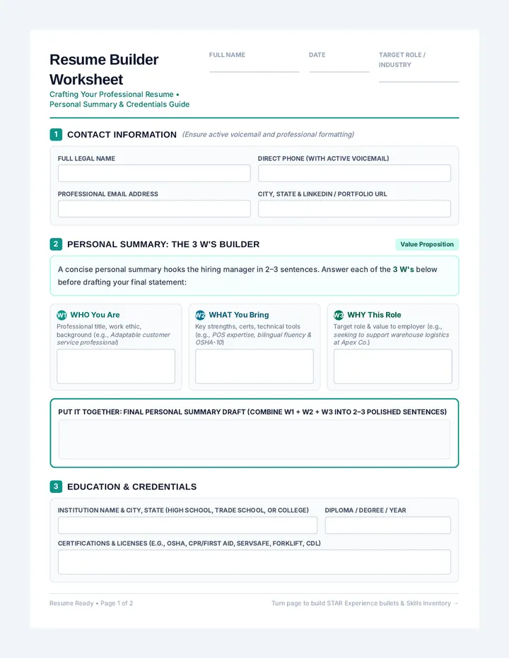 Resume Builder Template Worksheet