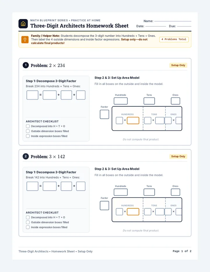 Three Digit Homework Sheet