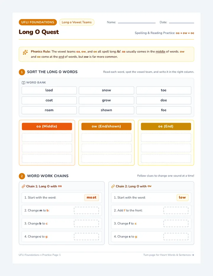 Long O Quest Worksheet