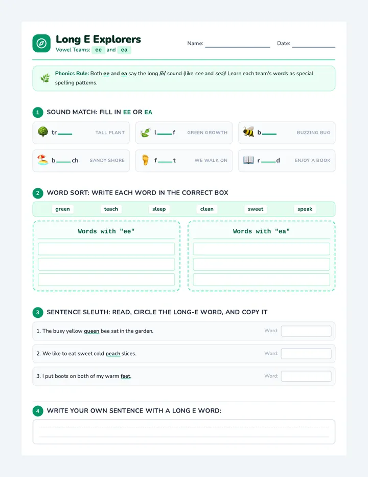 Long E Explorers Worksheet