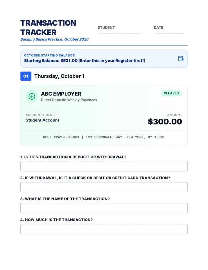 October Transaction Tracker Worksheets