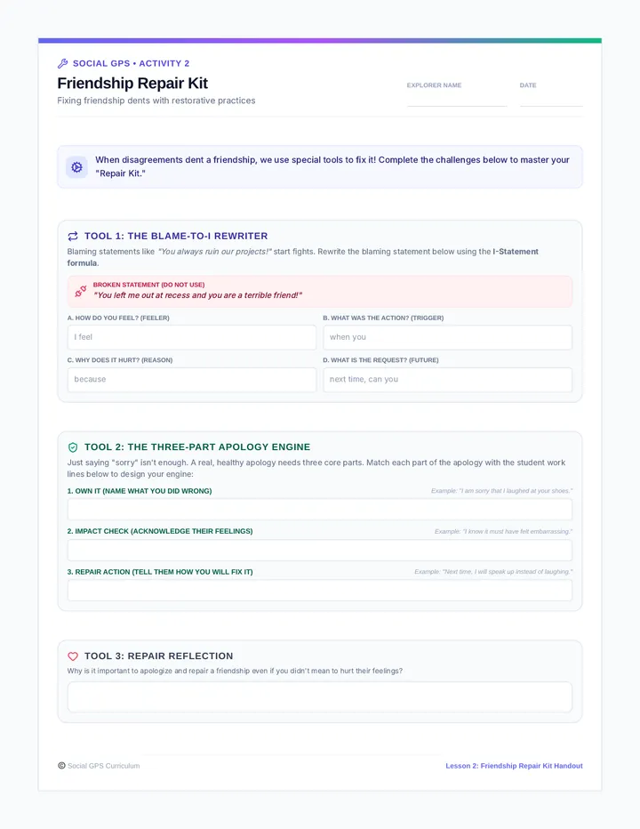 Friendship Repair Kit Worksheet