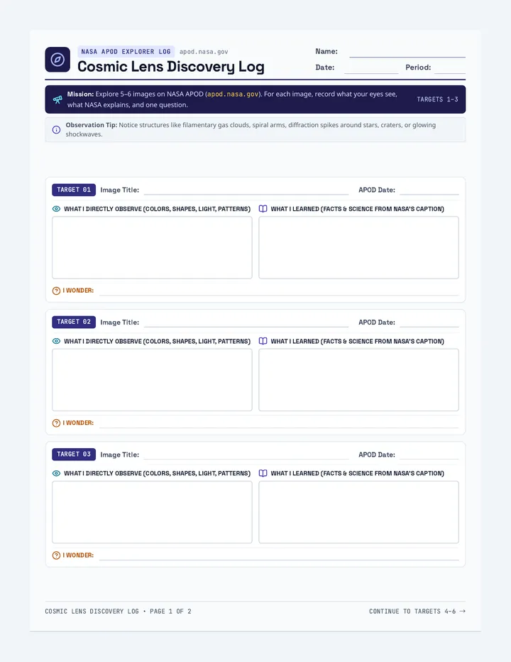 Cosmic Lens Worksheet