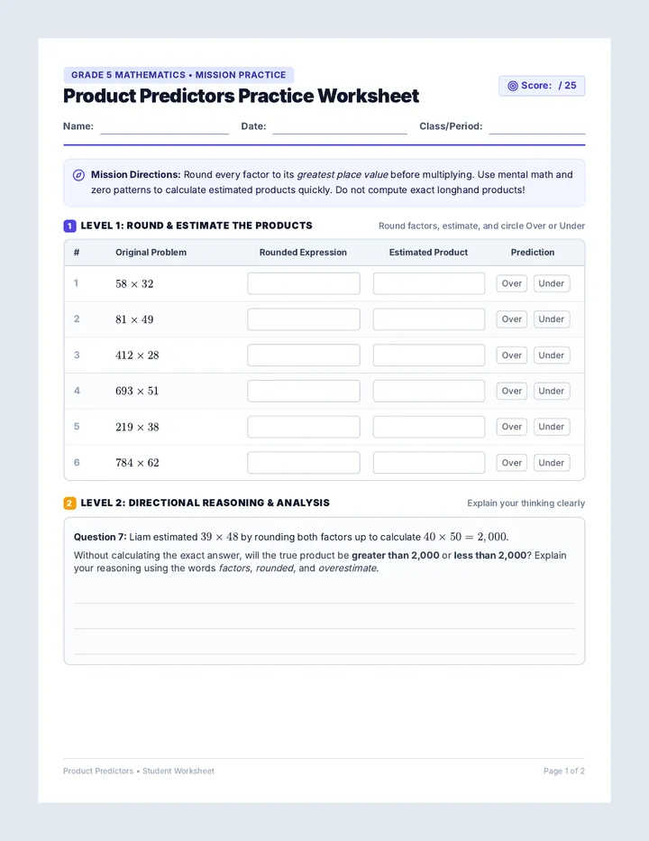 Product Predictors Practice Worksheet