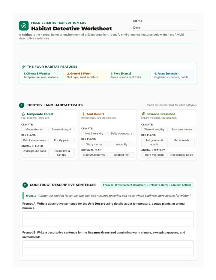 Habitat Detective Worksheet