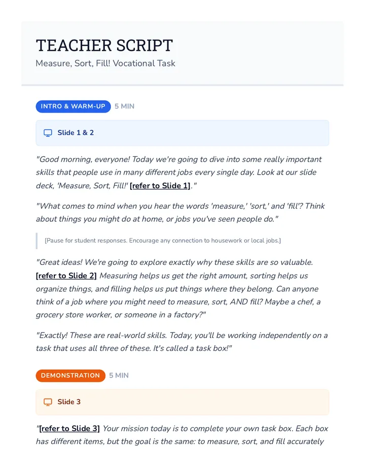 Measure Sort Fill Teacher Script