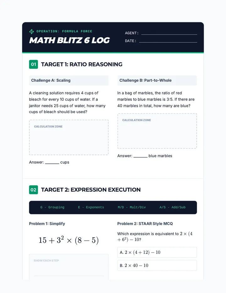 Math Blitz 6 CFU Worksheet