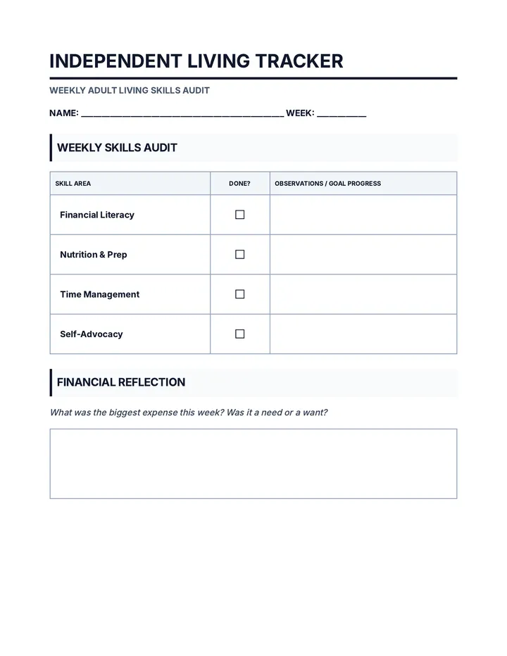 Independent Living Tracker Worksheet