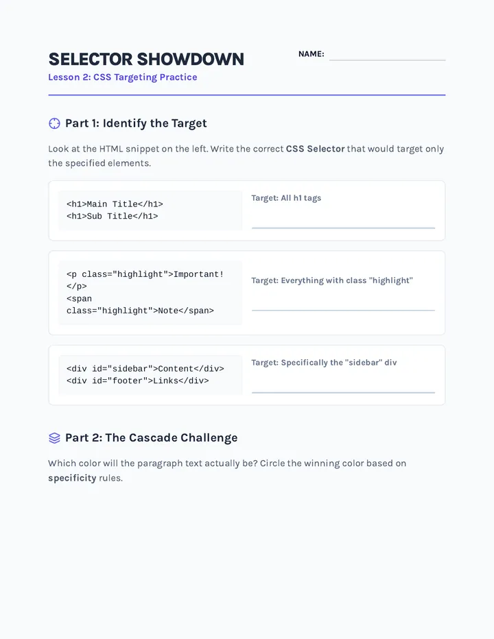 Selector Showdown Worksheet