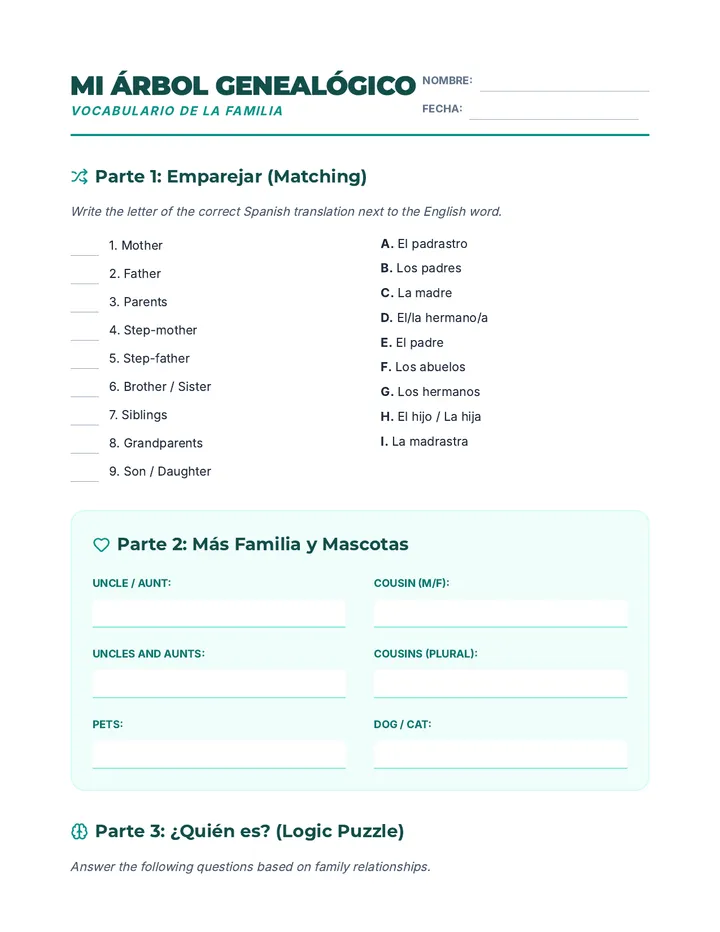 Familia Vocab Builder Worksheet