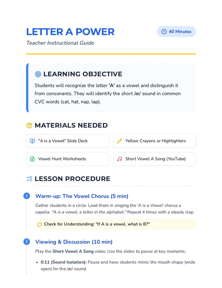 Letter A Power Teacher Guide