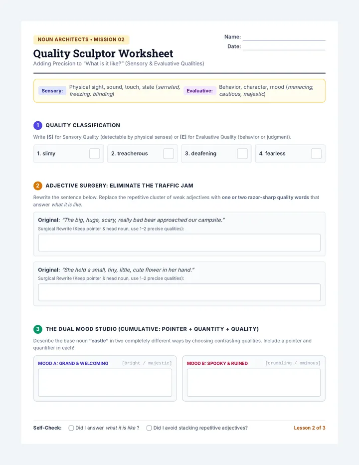 Quality Sculptor Worksheet