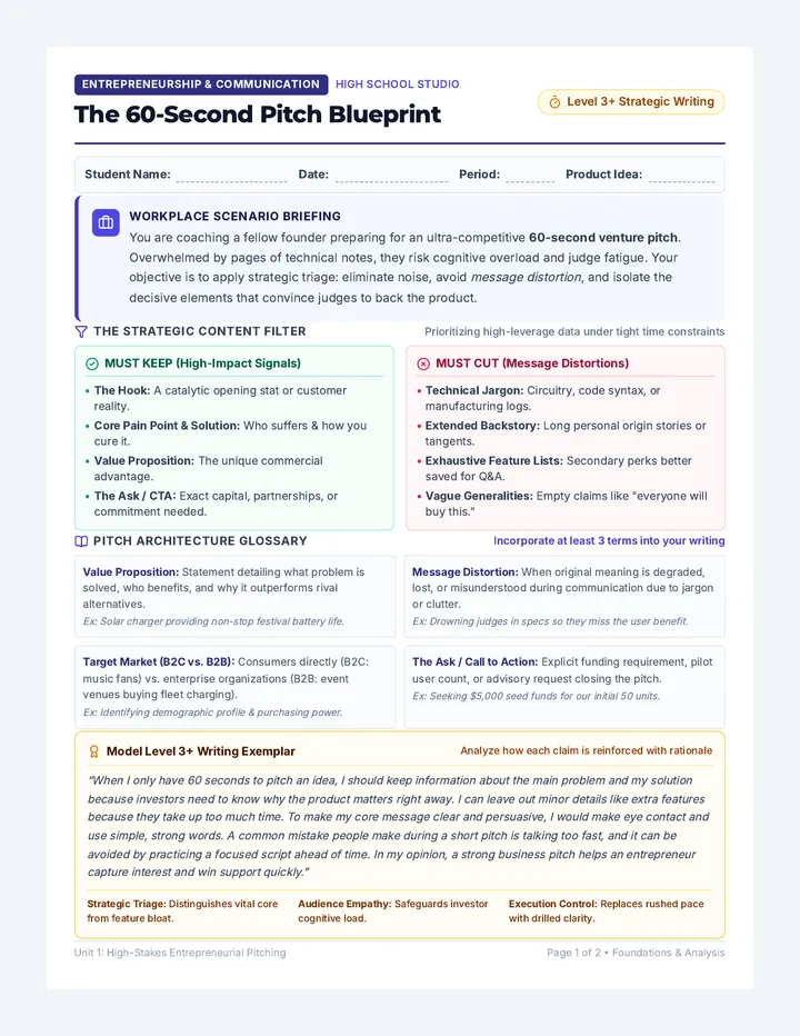 Sixty Second Pitch Worksheet