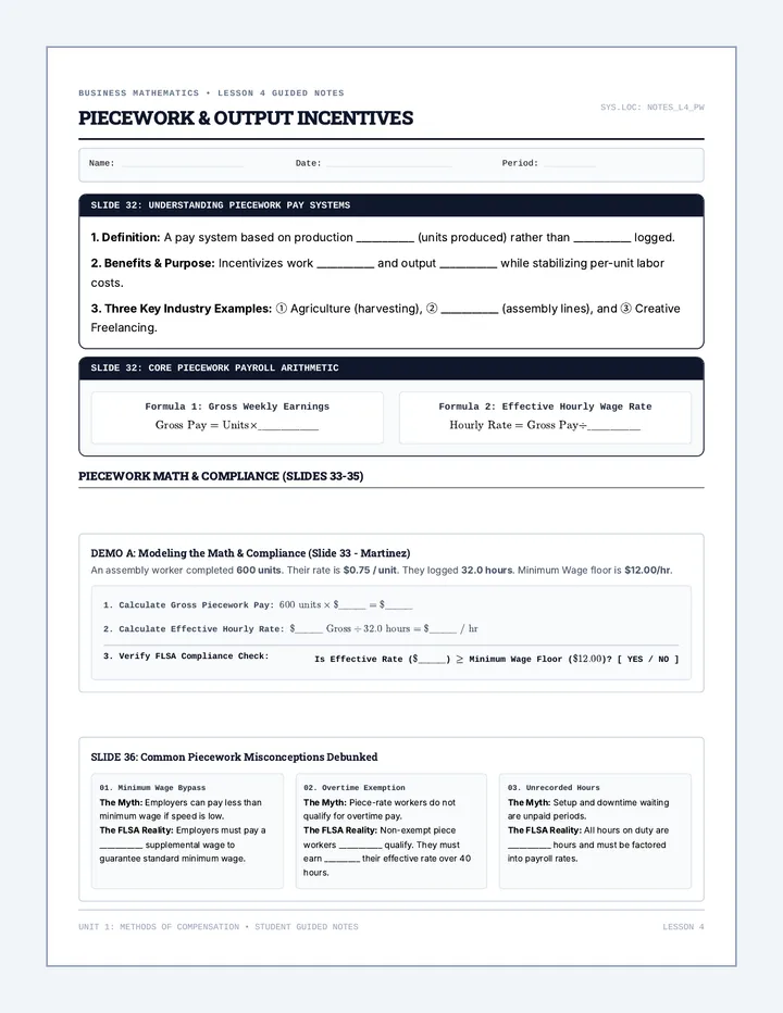Piecework Pay Guided Notes