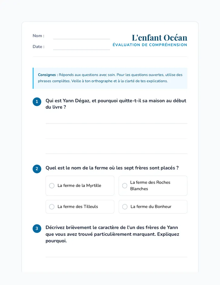 Comprendre L'enfant Océan Quiz Élève