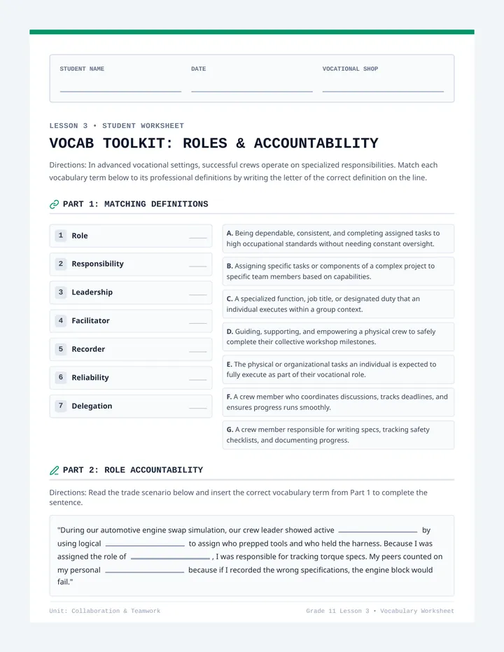 Roles and Responsibilities Vocabulary Worksheet