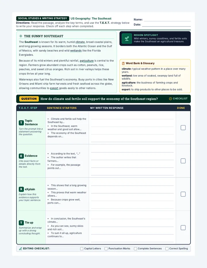 Southeast Region TEXT Worksheet