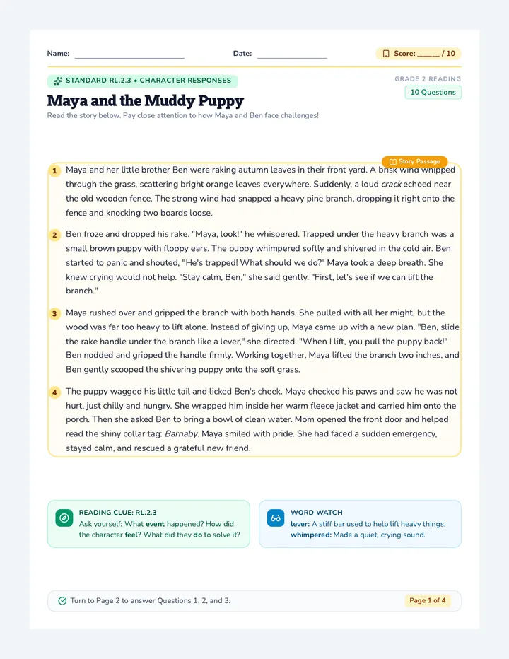 Muddy Puppy Reading Worksheet