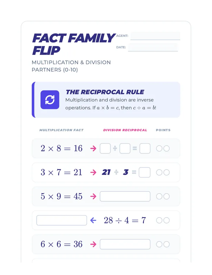 Fact Family Flip Worksheet