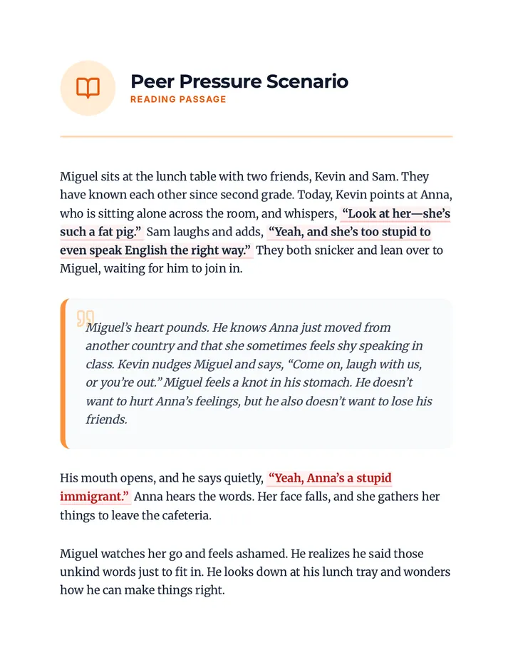 Peer Pressure Scenario Passage