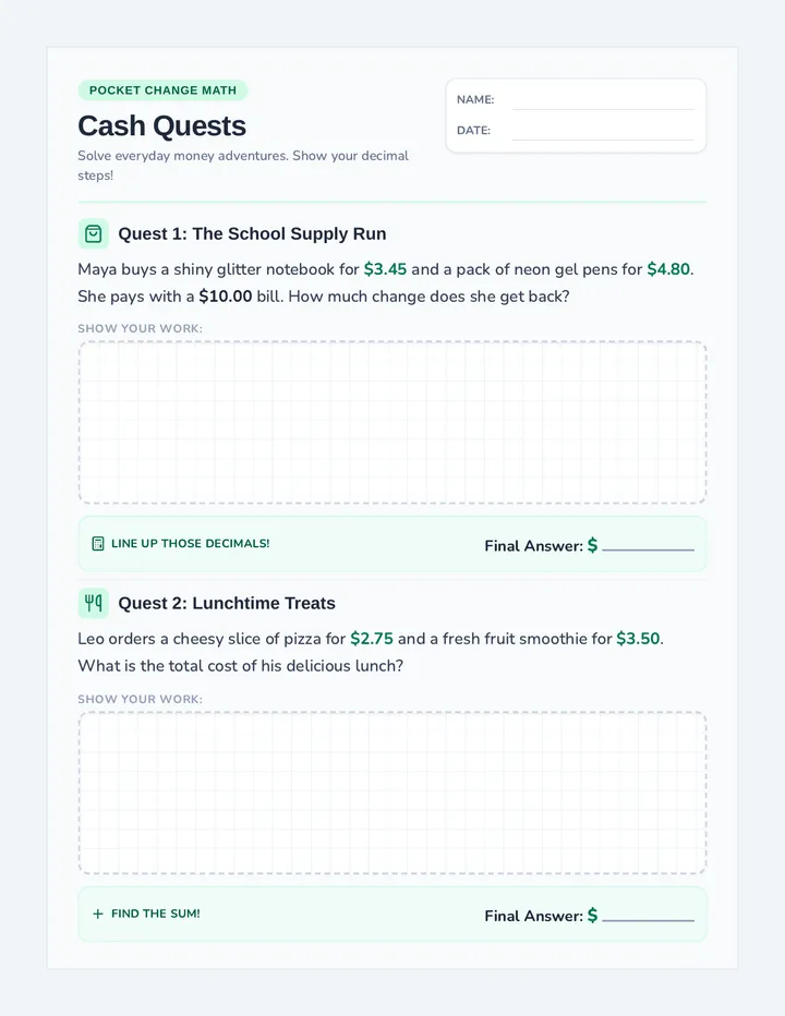 Cash Quests Worksheet