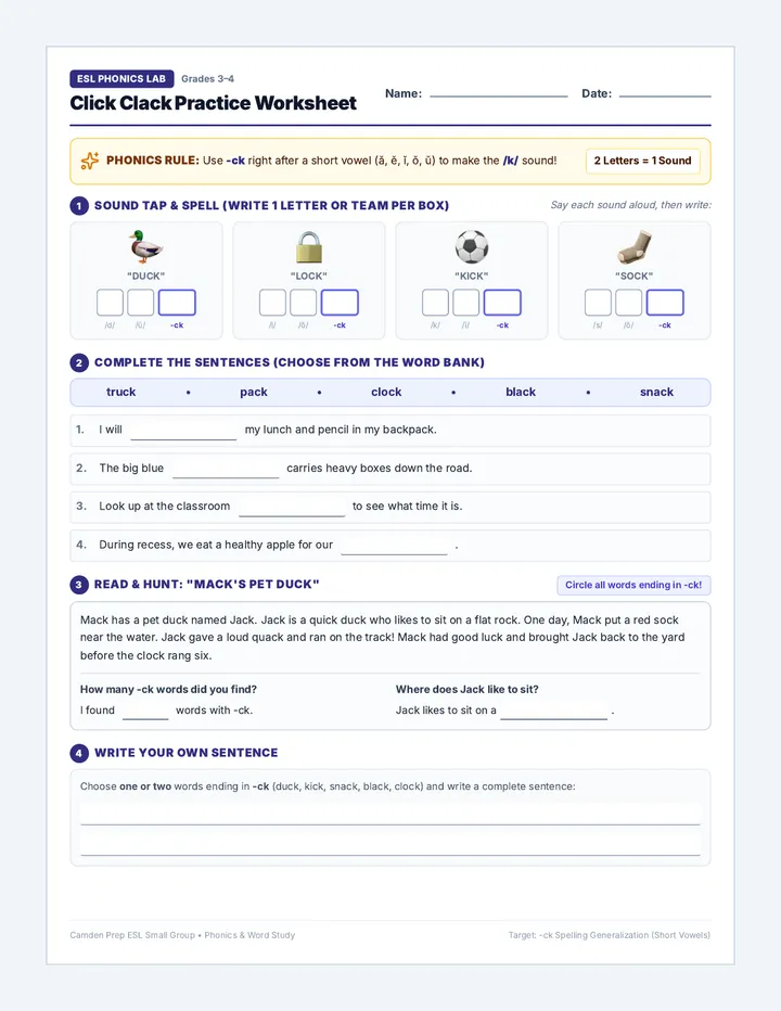 Click Clack Practice Worksheet
