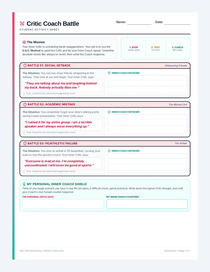 Critic Coach Battle Worksheet