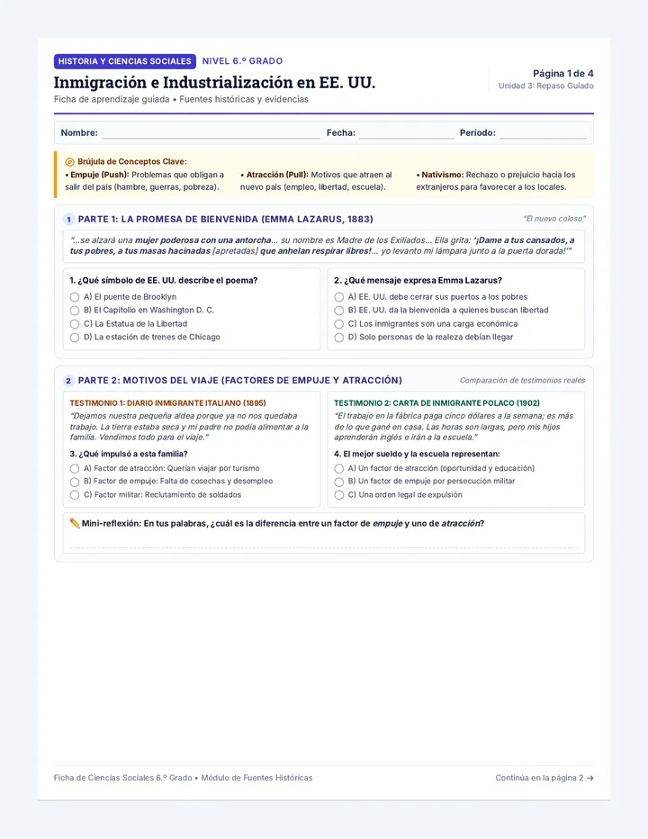 Inmigracion e Industrializacion Ficha de Trabajo