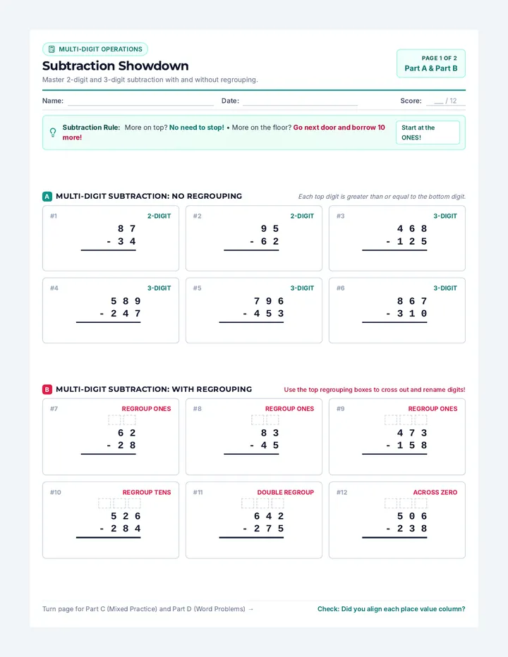 Subtraction Showdown Worksheet
