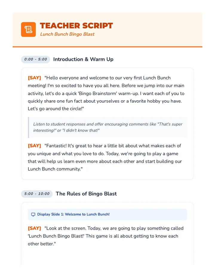 Bingo Blast Teacher Script