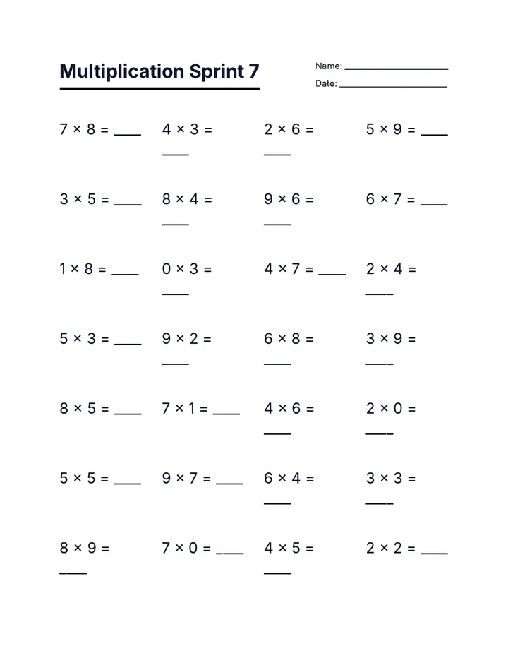 Multiplication Sprint 7 Worksheet
