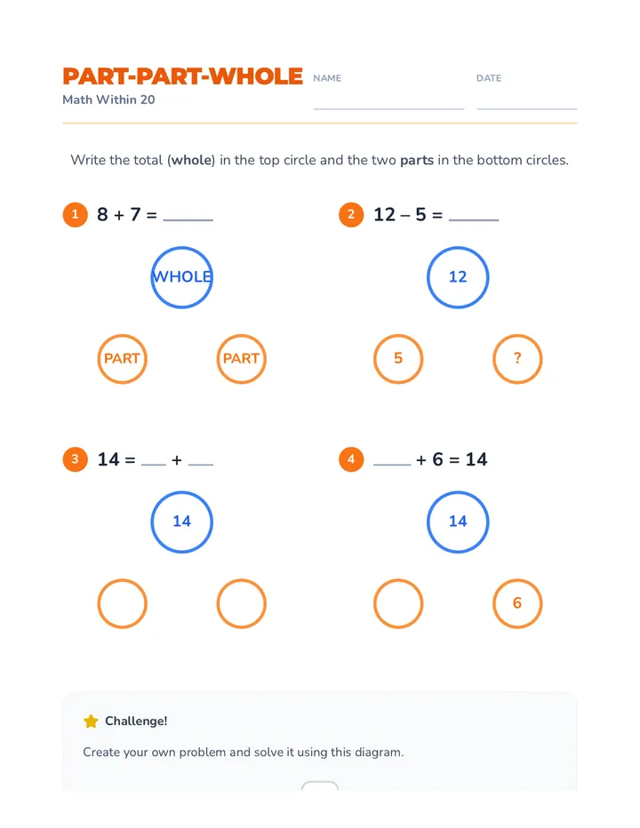 Part Part Whole Diagrams Worksheet
