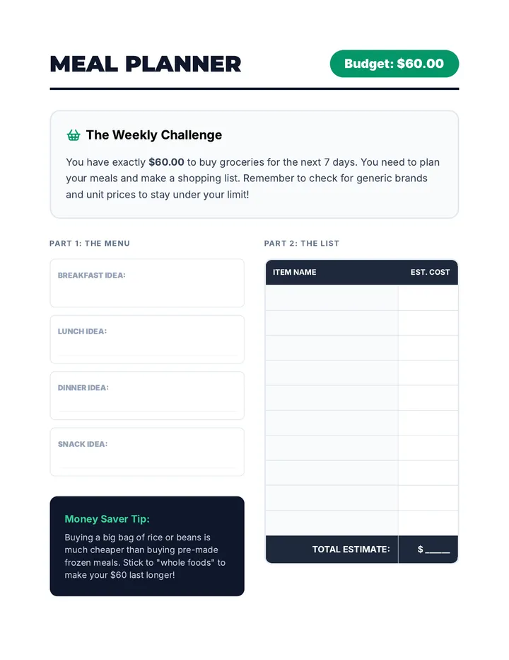 Weekly Meal Planner Budget