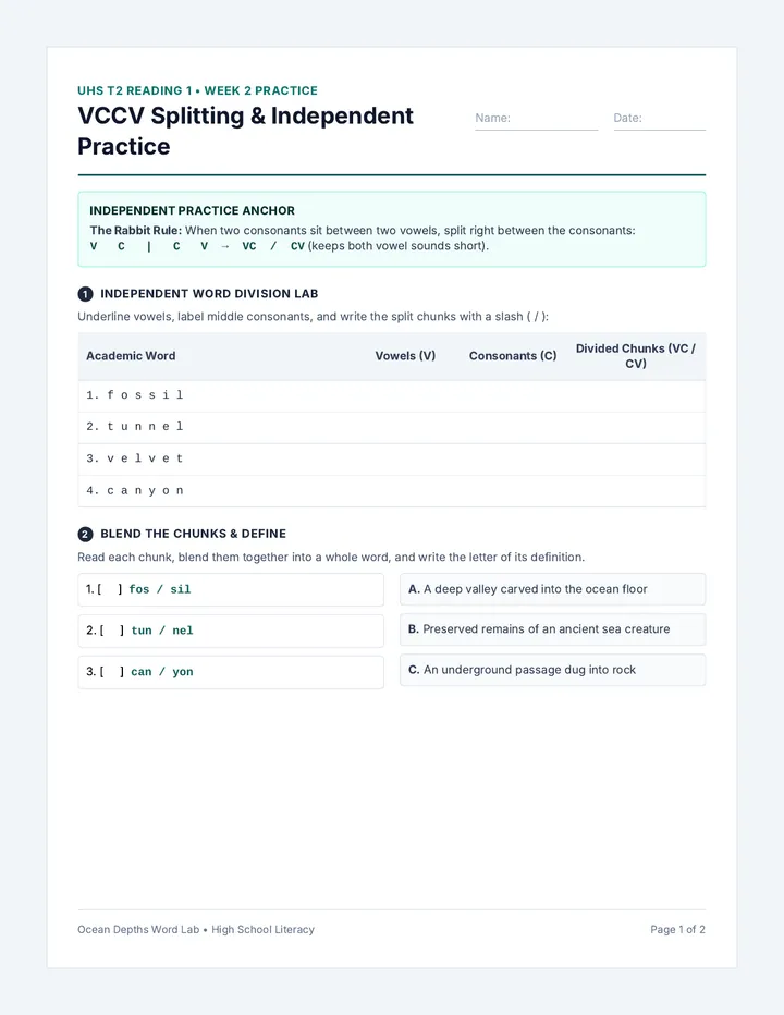 VCCV Splitting Activity Sheet