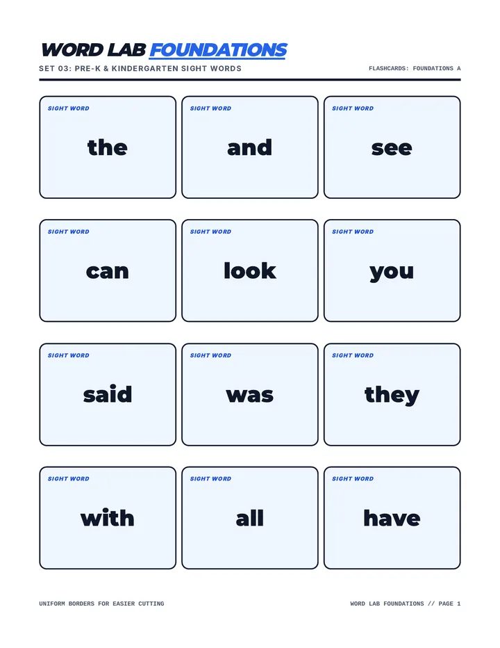 Word Lab Foundations Flashcards Fluency Cards