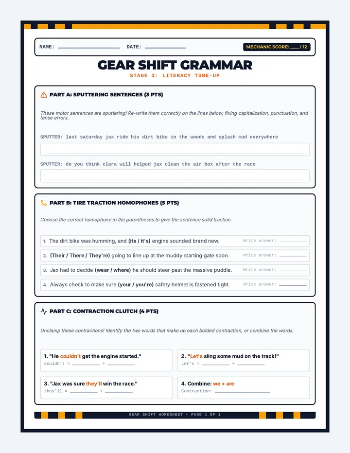 Gear Shift Grammar Worksheet