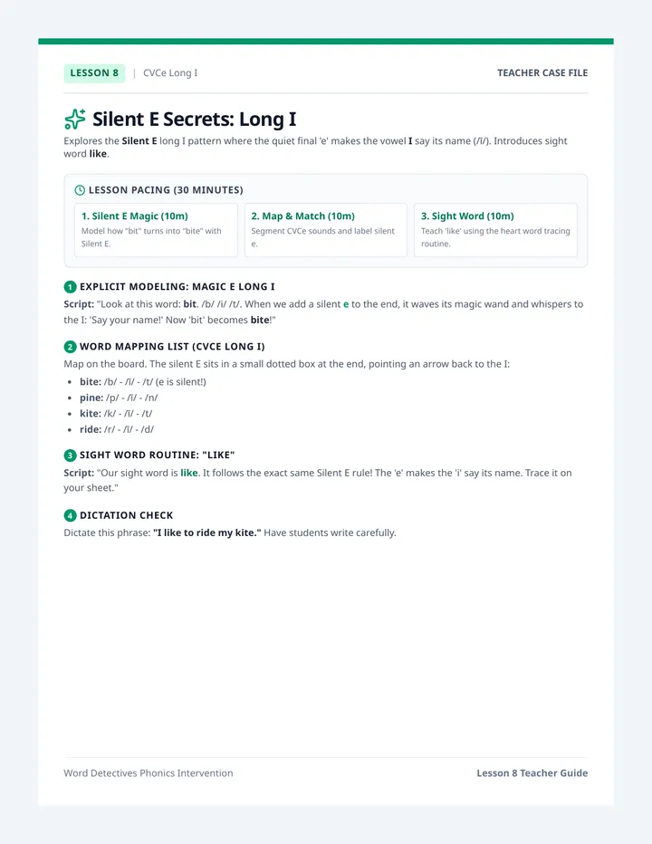 Silent E Long I Teacher Guide